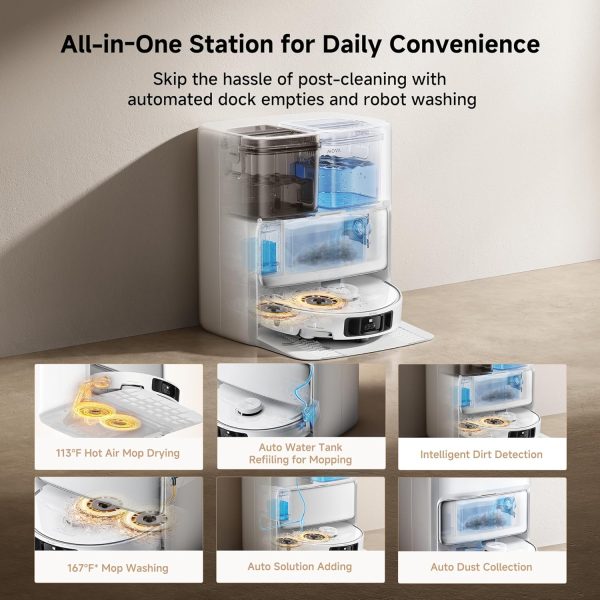 Mova P50 Pro Ultra 扫拖一体机器人，19,000Pa 超强吸力，配备防缠绕滚刷，可拆卸可升降拖把，适用于地毯和地板，拖把和搓衣板温度高达 167℉，具备自干自洁功能，自动清空和补充尘盒。